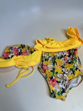 Yellow Floral One-Piece Girls' Swimsuit with Ruffle Shoulder